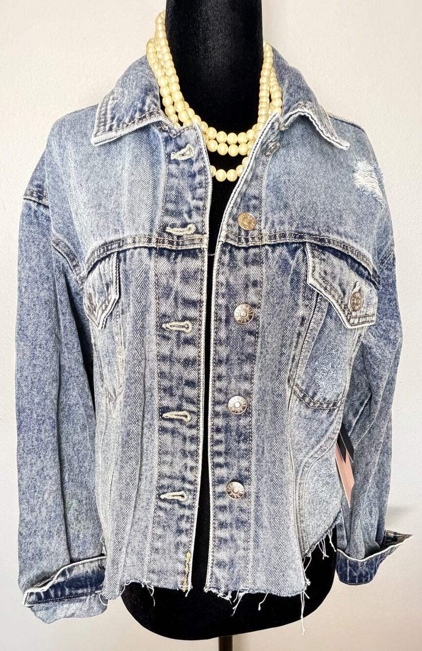 Celebrity Pink Cropped Denim Jacket Medium NWT Acid Wash Distressed Raw Hem